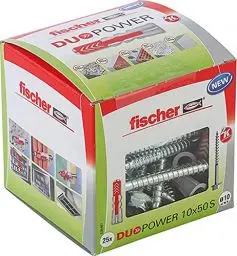 Produktbild: fischer DUOPOWER 10 x 50 S, Universaldübel mit Sicherheitsschraube, 2-Komponenten-Dübel, Kunststoffdübel zur Befestigung in Beton, Ziegeln, Stein, Gipskarton uvm., 25 Dübel + 25 Schrauben
