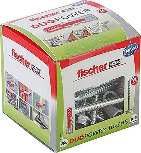 Produktbild: fischer DUOPOWER 10 x 50 S, Universaldübel mit Sicherheitsschraube, 2-Komponenten-Dübel, Kunststoffdübel zur Befestigung in Beton, Ziegeln, Stein, Gipskarton uvm., 25 Dübel + 25 Schrauben