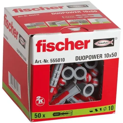 Produktbild: fischer DuoPower 10 x 50, Universaldübel, leistungsstarker 2-Komponenten-Dübel, Kunststoffdübel zur Befestigung in Beton, Ziegeln, Stein, Gipskarton uvm., ohne Schrauben, 50 Stück
