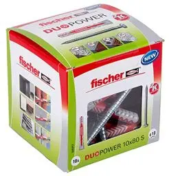 Produktbild: fischer DuoPower 10 x 80 S, Universaldübel mit Sicherheitsschraube, 2-Komponenten-Dübel, Kunststoffdübel zur Befestigung in Beton, Ziegeln, Stein, Gipskarton uvm., 10 Dübel + 10 Schrauben