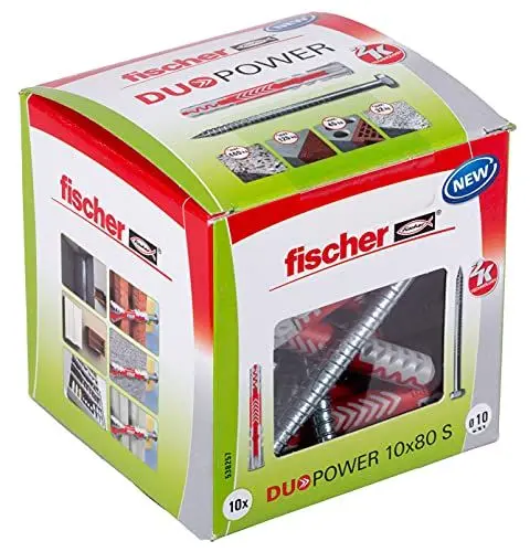 Produktbild: fischer DuoPower 10 x 80 S, Universaldübel mit Sicherheitsschraube, 2-Komponenten-Dübel, Kunststoffdübel zur Befestigung in Beton, Ziegeln, Stein, Gipskarton uvm., 10 Dübel + 10 Schrauben