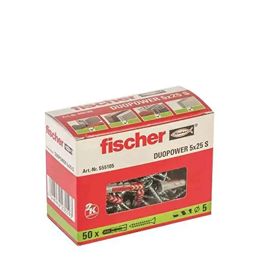 Produktbild: fischer DuoPower 5 x 25 S, Universaldübel mit Sicherheitsschraube, 2-Komponenten-Dübel, Kunststoffdübel zur Befestigung in Beton, Ziegeln, Stein, Gipskarton uvm., 50 Dübel + 50 Schrauben