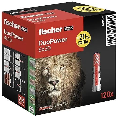 Produktbild: fischer DuoPower 6 x 30 in der attraktiven Löwen-Aktionsbox, Universaldübel, leistungsstarker 2-Komponenten-Dübel zur Befestigung in Beton, Ziegeln, Stein, uvm., mit 20% mehr Inhalt, 120 Stück