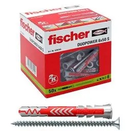 Produktbild: fischer DuoPower 6 x 50 S, Universaldübel mit Senkkopfschraube, 2-Komponenten-Dübel, Kunststoffdübel zur Befestigung in Beton, Ziegeln, Stein, Gipskarton uvm., 50 Dübel + 50 Schrauben