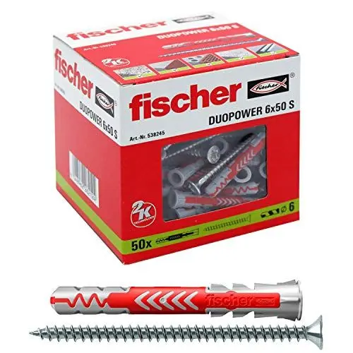 Produktbild: fischer DuoPower 6 x 50 S, Universaldübel mit Senkkopfschraube, 2-Komponenten-Dübel, Kunststoffdübel zur Befestigung in Beton, Ziegeln, Stein, Gipskarton uvm., 50 Dübel + 50 Schrauben
