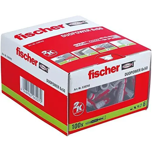 Produktbild: fischer DuoPower 6 x 50, Universaldübel, leistungsstarker 2-Komponenten-Dübel, Kunststoffdübel zur Befestigung in Beton, Ziegeln, Stein, Gipskarton uvm., ohne Schrauben, 100 Stück