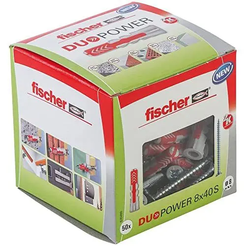 Produktbild: fischer DuoPower 8 x 40 S, Universaldübel mit Sicherheitsschraube, 2-Komponenten-Dübel, Kunststoffdübel zur Befestigung in Beton, Ziegeln, Stein, Gipskarton uvm., 50 Dübel + 50 Schrauben