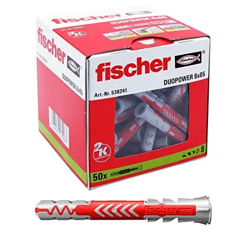 Produktbild: fischer DuoPower 8 x 65, Universaldübel, leistungsstarker 2-Komponenten-Dübel, Kunststoffdübel zur Befestigung in Beton, Ziegeln, Stein, Gipsbauplatten uvm., ohne Schrauben, 50 Stück