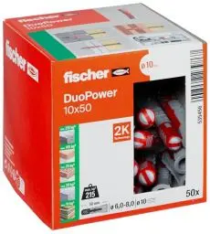 Produktbild: fischer DuoPower 10 x 50, Universaldübel, leistungsstarker 2-Komponenten-Dübel, Kunststoffdübel zur Befestigung in Beton, Ziegeln, Stein, Gipskarton uvm., ohne Schrauben, 50 Stück