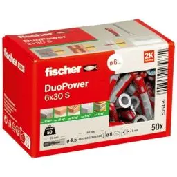 Produktbild: fischer DuoPower 6 x 30 S, Universaldübel mit Sicherheitsschraube, 2-Komponenten-Dübel, Kunststoffdübel zur Befestigung in Beton, Ziegeln, Stein, Gipskarton uvm., 50 Dübel + 50 Schrauben