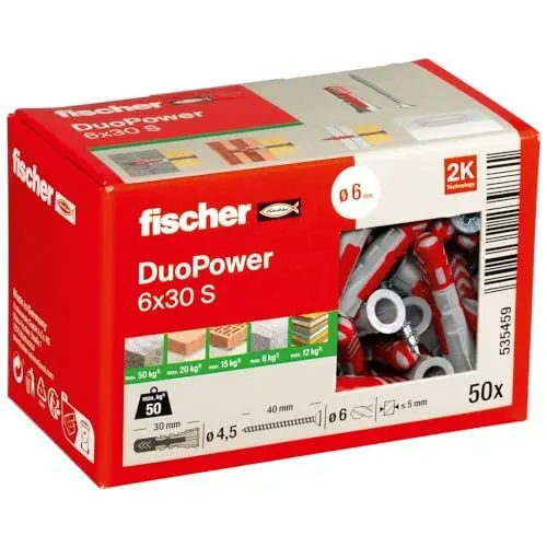 Produktbild: fischer DuoPower 6 x 30 S, Universaldübel mit Sicherheitsschraube, 2-Komponenten-Dübel, Kunststoffdübel zur Befestigung in Beton, Ziegeln, Stein, Gipskarton uvm., 50 Dübel + 50 Schrauben