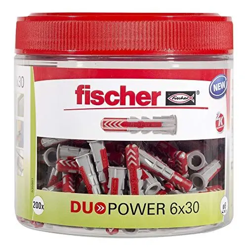 Produktbild: fischer DuoPower 6 x 30, handliche Runddose mit 200 Universaldübeln, leistungsstarker 2-Komponenten-Dübel, Kunststoffdübel zur Befestigung in Beton, Ziegeln, Stein, Gipskarton uvm.