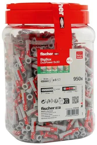 Produktbild: fischer DuoPower 6 x 30 in der BigBox, 950 Universaldübel, leistungsstarker 2-Komponenten-Dübel, Kunststoffdübel zur Befestigung in Beton, Ziegeln, Stein, Gipsbauplatten uvm., ohne Schrauben
