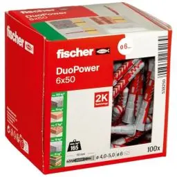 Produktbild: fischer DuoPower 6 x 50, Universaldübel, leistungsstarker 2-Komponenten-Dübel, Kunststoffdübel zur Befestigung in Beton, Ziegeln, Stein, Gipskarton uvm., ohne Schrauben, 100 Stück