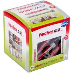 Produktbild: fischer DuoPower 8 x 65 S PH, Universaldübel mit Panheadschraube, 2-Komponenten-Dübel, Kunststoffdübel zur Befestigung in Beton, Ziegeln, Stein, Gipskarton uvm., 25 Dübel + 25 Schrauben
