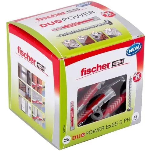 Produktbild: fischer DuoPower 8 x 65 S PH, Universaldübel mit Panheadschraube, 2-Komponenten-Dübel, Kunststoffdübel zur Befestigung in Beton, Ziegeln, Stein, Gipskarton uvm., 25 Dübel + 25 Schrauben