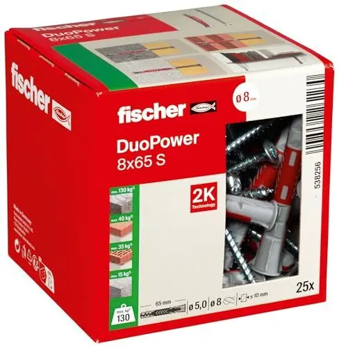 Produktbild: fischer DuoPower 8 x 65 S, Universaldübel mit Sicherheitsschraube, 2-Komponenten-Dübel, Kunststoffdübel zur Befestigung in Beton, Ziegeln, Stein, Gipskarton uvm., 25 Dübel + 25 Schrauben