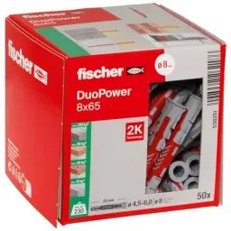 Produktbild: fischer DuoPower 8 x 65, Universaldübel, leistungsstarker 2-Komponenten-Dübel, Kunststoffdübel zur Befestigung in Beton, Ziegeln, Stein, Gipsbauplatten uvm., ohne Schrauben, 50 Stück