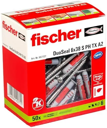 Produktbild: fischer DuoSeal 6 x 38 S, Universaldübel für Nassbereiche (50 Stk.) mit Schrauben, leistungsstarke Dübel, abdichtender Kunststoffdübel zur Befestigung in Feuchträumen, Bad-Dübel gegen Schimmel