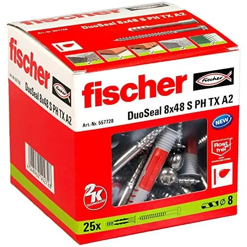 Produktbild: fischer DuoSeal 8 x 48 S, Universaldübel für Nassbereiche (25 Stk.) mit Schrauben, leistungsstarke Dübel, abdichtender Kunststoffdübel zur Befestigung in Feuchträumen, Bad-Dübel gegen Schimmel