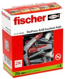 Produktbild: fischer EasyHook Angle, Set aus 25 Winkelhaken-Schrauben und DuoPower 8 x 40 Dübeln, Spanplattenschrauben mit Haken, flexible Schraubhaken zur Montage in zahlreichen Baustoffen
