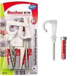 Produktbild: fischer EasyHook Round 8, Set aus 4 vielseitig einsetzbaren Rundhaken und 4 passenden DuoPower 8x40 Dübeln, für die einfache & schnelle Montage in zahlreichen Baustoffen