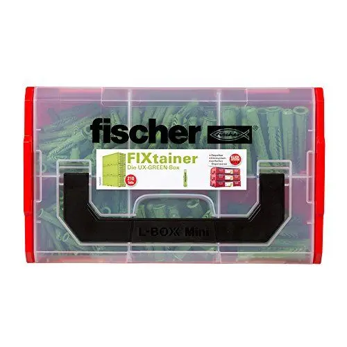 Produktbild: fischer FixTainer UX-Green-Box, Dübelset mit 210 Dübeln (120 Stk. 6 x 35, 60 Stk. 8 x 50, 30 Stk. 10 x 60), aus mind. 50 % nachwachsenden Rohstoffen, praktische Werkzeugkiste, ohne Schrauben