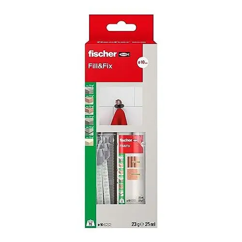 Produktbild: fischer Fill & Fix, Flüssigdübel und Reparaturmasse für ausgerissene Bohrlöcher und Reparaturen ausgebrochener Möbelscharniere in zahlreichen Baustoffen im Innen- und UV-geschützten Außenbereich