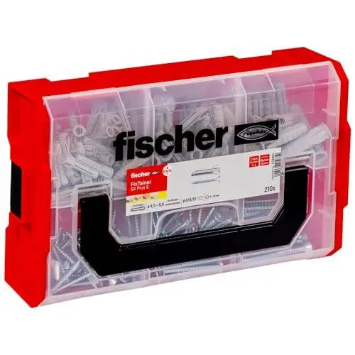 Produktbild: fischer FixTainer SX-Plus-Dübel und Schrauben-Box, Dübelset mit 210 Teilen, für Beton, Voll- und Lochbaustoffe, praktische Werkzeugkiste mit Tragegriff & Klicksystem, Dübelset