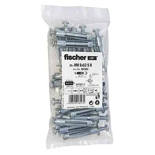 Produktbild: Fischer HM 6x52 S - Hohlraum-Metalldübel Mit Schraube Zum Befestigen Von Bildern, Gardinenschienen In Plattenbaustoffen - 20 Stück - Art.-Nr. 48043