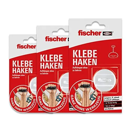 Produktbild: fischer Klebehaken im 3er Pack, selbstklebender Wandhaken in Weiß, praktische Aufhängung ohne Bohren, für Badezimmer und Küche geeignet, starker Klebehaken, hält bis zu 10 kg