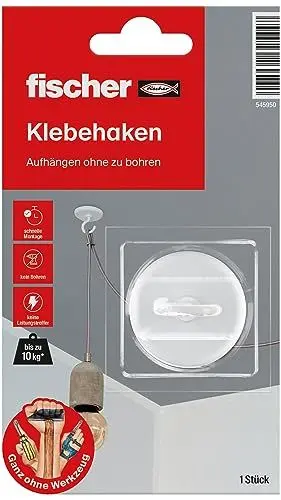 Produktbild: fischer Klebehaken, selbstklebender Wandhaken in Weiß, praktische Aufhängung ohne Bohren, für Badezimmer und Küche geeignet, starker Klebehaken, hält bis zu 10 kg