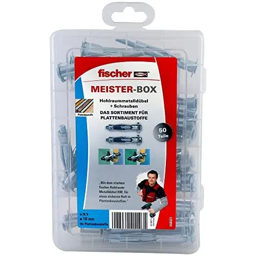 Produktbild: fischer Meister-Box Hohlraum, 50-teiliges Dübel- und Schraubenset, 10 mm Durchmesser, 37-65 mm Länge, für Heimwerker und Profis, optimal für Gipskartonplatten einfach und doppelt beplankt