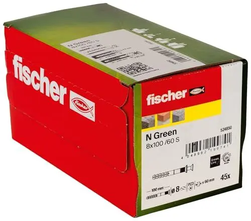 Produktbild: fischer Nageldübel 8 x 100 / 60 S, hochwertige Nylondübel Green mit verzinkter Senkkopfschraube (50 Stk.), Dübel für optimalen Halt bei Befestigungen in Beton, Mauerziegel & Naturstein