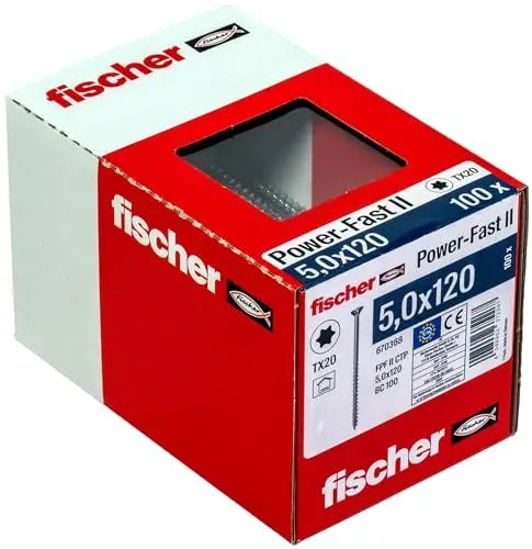 Produktbild: fischer PowerFast II CTP 5,0 x 120, Spanplattenschraube (100 Stk.) mit Teilgewinde, Senkkopfschraube mit Innenstern, Schraube für Holzverarbeitung, reduziert Einschraubwiderstand & Einschraubzeit