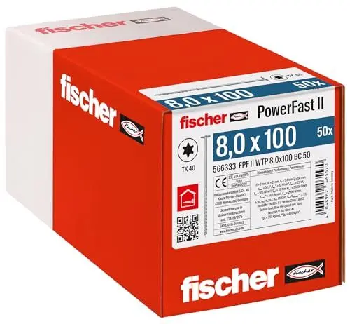 Produktbild: fischer PowerFast II WTP 8,0 x 100, kraftvolle Holzbauschraube mit Tellerkopf, Innenstern-Aufnahme und Teilgewinde, für den konstruktiven Holzbau, 50 Stk.