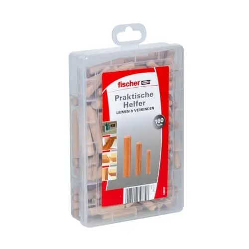 Produktbild: fischer easyDIY Box Holzdübel, leimen und verbinden, 160-teiliges Dübelset, 6-10 mm Durchmesser, 30-50 mm Länge, für Heimwerker, perfekt für Schubladen, Schränke und Möbelbau