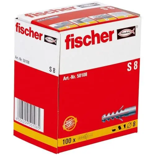 Produktbild: fischer Spreizdübel S 8, Dübel mit 2-fach-Spreizung zum Befestigen von Bildern, Briefkästen, Leuchten, uvm. in Beton, Vollziegel und Naturstein, 100 Stück