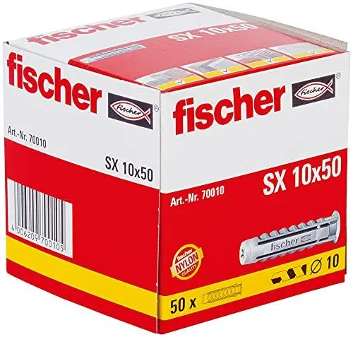 Produktbild: fischer Spreizdübel SX 10 x 50, Schachtel mit 50 Nylondübeln, Dübel für optimalen Halt bei Befestigungen in Beton, Hochlochziegel, Porenbeton, Vollziegel uvm.