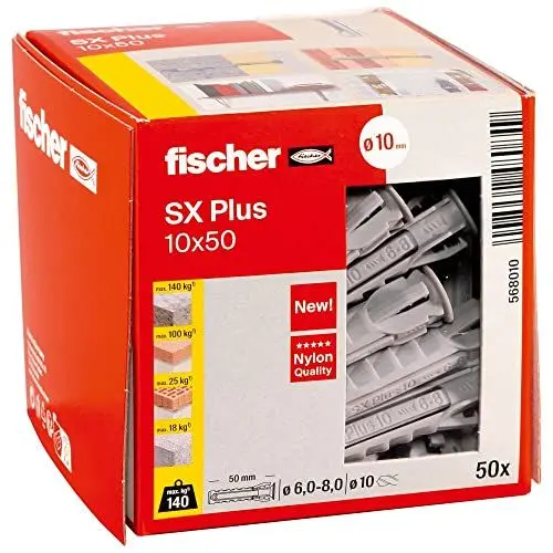 Produktbild: fischer Spreizdübel SX Plus 10 x 50, Schachtel mit 50 Nylondübeln, Dübel für optimalen Halt bei Befestigungen in Beton, Vollziegel, Porenbeton, Hochlochziegel uvm.