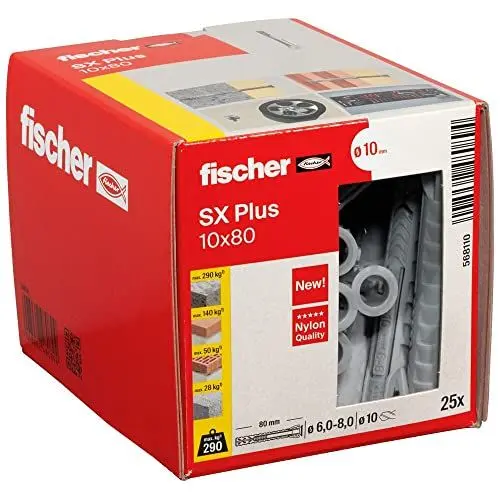 Produktbild: fischer Spreizdübel SX Plus 10 x 80, Schachtel mit 25 Nylondübeln, Dübel für optimalen Halt bei Befestigungen in Beton, Vollziegel, Porenbeton, Hochlochziegel uvm.