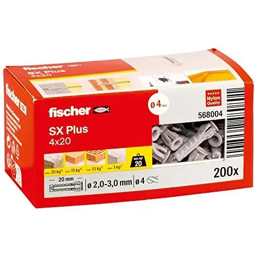 Produktbild: fischer Spreizdübel SX Plus 4 x 20, Schachtel mit 200 Nylondübeln, Dübel für optimalen Halt bei Befestigungen in Beton, Vollziegel, Porenbeton, Hochlochziegel uvm.