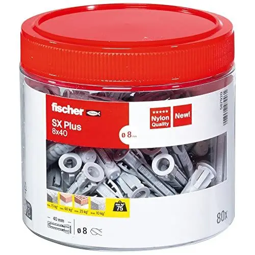 Produktbild: fischer Spreizdübel SX Plus 8 x 40, handliche Runddose mit 80 Nylondübeln, Dübel für optimalen Halt bei Befestigungen in Beton, Vollziegel, Porenbeton, Hochlochziegel uvm.