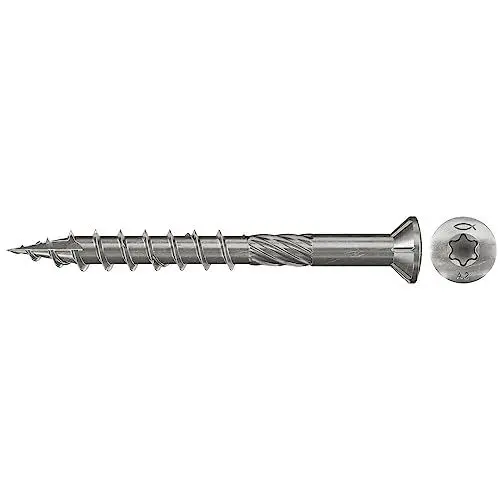 Produktbild: fischer Terrassenschraube 5,0 x 80, Senkkopf, Teilgewinde, nicht rostender Stahl A2, Innenstern Torx-Antrieb, zum Verschrauben von Terrassenbeplankungen auf Holz-Unterkonstruktionen, 100 Stk