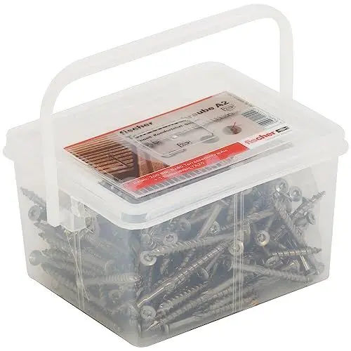 Produktbild: fischer Terrassenschrauben 5,0 x 60 in der Box, 200 Edelstahlschrauben mit Senkkopf, TX-Antrieb und Teilgewinde, zum Verschrauben von Terrassenbeplankungen auf Holz-Unterkonstruktionen, inkl. 1 Bit