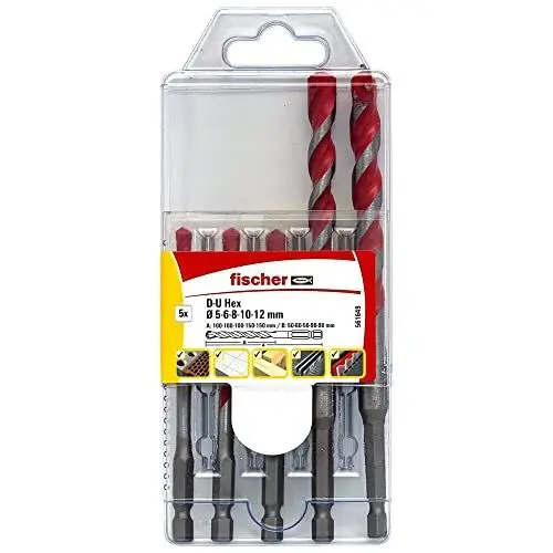 Produktbild: fischer Universalbohrer Set, 5 - 12 mm Durchmesser, Aufsätze für Bohrmaschinen, Bohrerset mit verschiedenen Größen, Verschleißfester Bohrer zum Bohren in unterschiedliche Materialen, 5er Pack