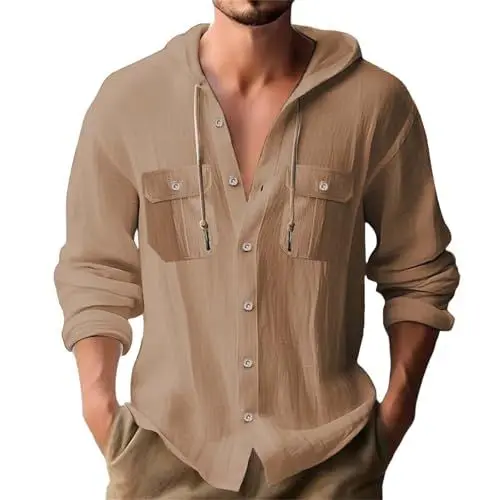 Produktbild: Fischerhemd Herren Hoodies für Männer Kapuzenpulli Hoodie mit Reißverschluss Weißer Baumwolle Sweatjacke Kapuze Sweatshirt Braun 2XL