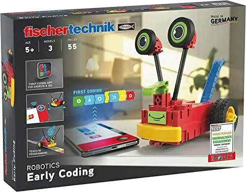 Produktbild: fischertechnik 559889 ROBOTICS – Early Coding, Bausatz für Kinder ab 5 Jahren, Experimentierkasten für 3 Roboter Modelle, zum Bauen & Programmieren, mit Motoren & Sensoren