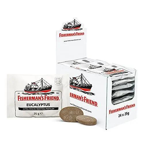 Produktbild: Fisherman's Friend Eucalyptus, 24er Vorratsbox, Eucalyptus und Menthol Geschmack, mit Zucker & vegan, Bonbons für frischen Atem, 24 x 25g