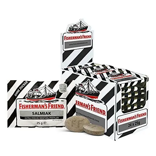Produktbild: Fisherman's Friend Salmiak, 24er Vorratsbox, Salmiak und Menthol Geschmack, zuckerfrei & vegan, Bonbons für frischen Atem, 24 x 25g